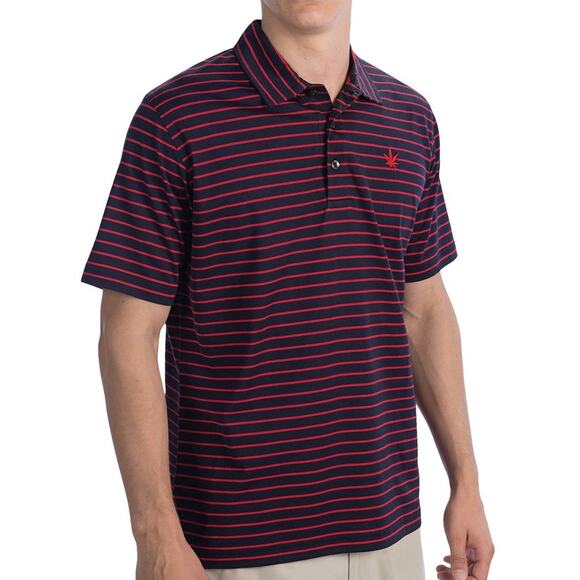 BOAST USA Men Medium Classic Jersey Striped Polo Shirt Navy Red Cotton Leaf Logo - Picture 2 of 14